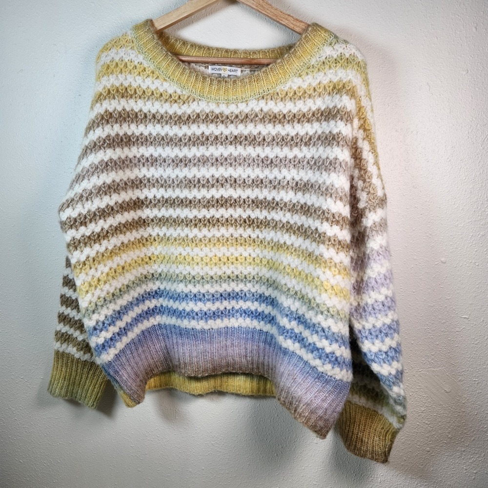Woven Heart Womens Stripe Sweater Yellow Green  Tan Blue Purple Fuzzy Size L EUC